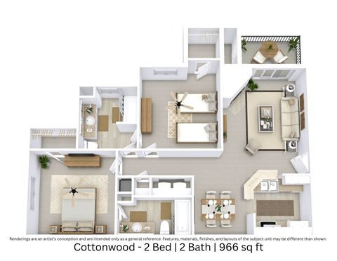 Floor plan for 2 beds, 2 baths, 966 sqft